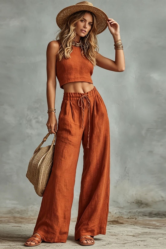 Vest Drawstring High-Waist Wide-Leg Pants Two-Piece Set 