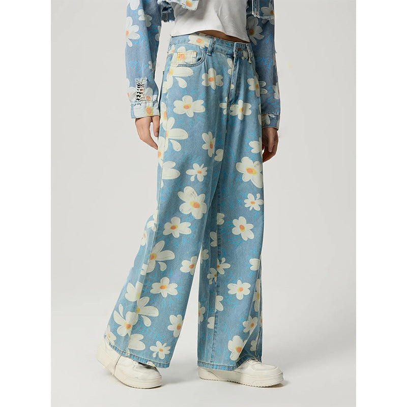 Vintage Flower Print Straight Jeans FitiqueFit