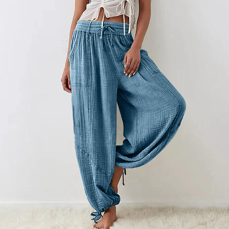 Women's Solid-color Wide-leg Pants With Elastic Drawstring Waist Elasticized Leg Cuffs Side Pockets For Spring&Fall Fashionable Simple Wear CJ US