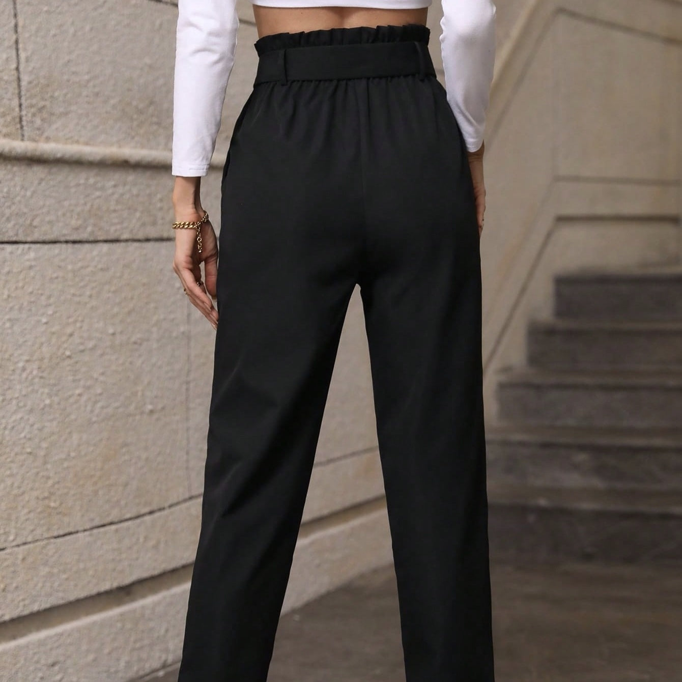 Ladies' Solid Color Slimming And Minimalist Pants Are Casual And Versatile, Suitable For Daily Wear With Straps And Pockets CJ