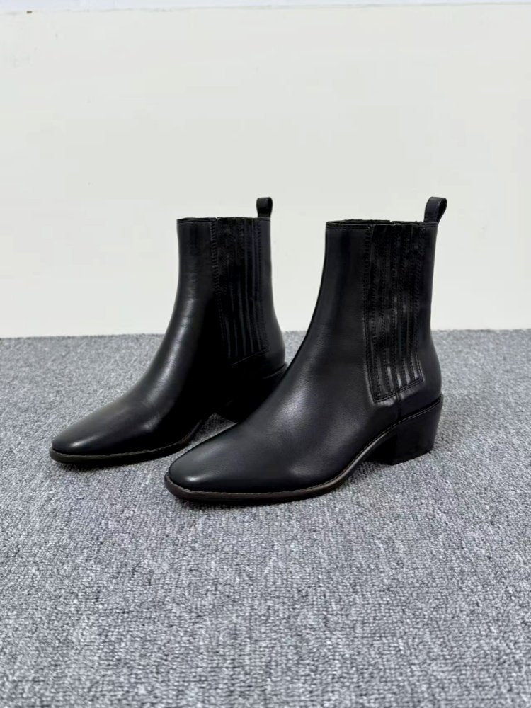 Mid-heel Chunky-heel Retro Square-toe Matte Leather Womens Boots 
