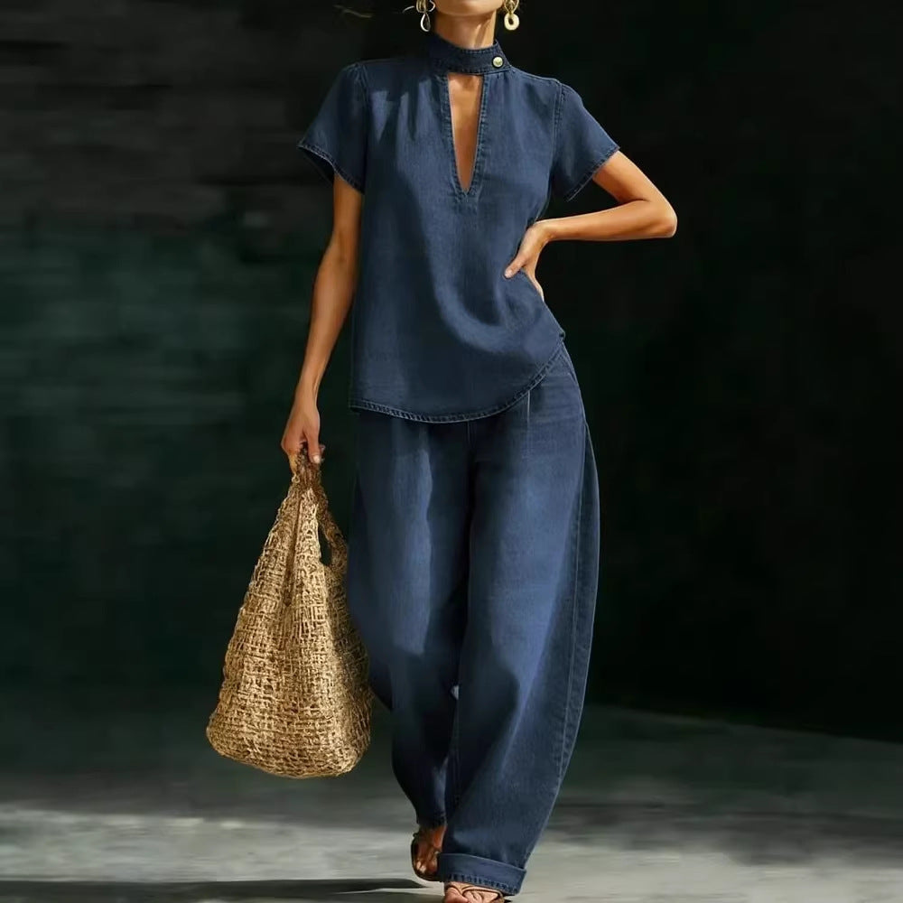 Solid-color Short-sleeve Casual Loose-fit Faux Denim Two-piece Set 