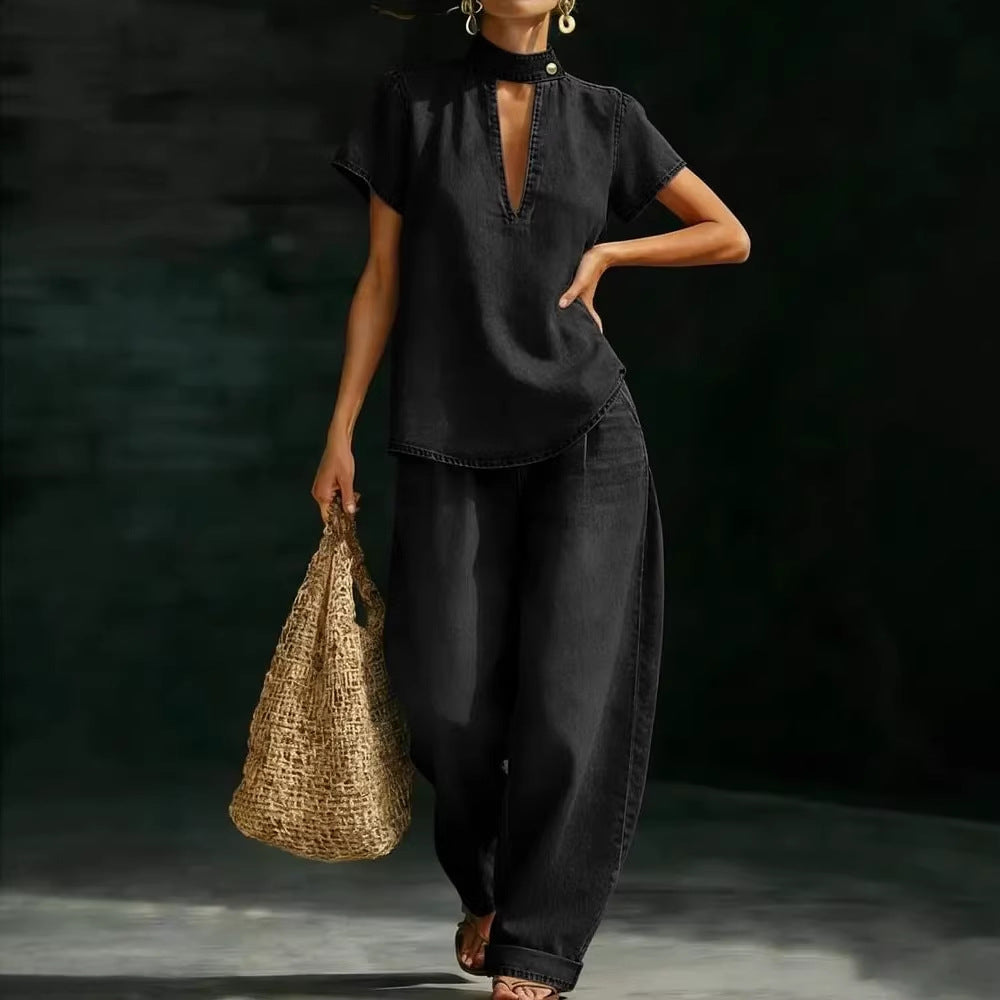 Solid-color Short-sleeve Casual Loose-fit Faux Denim Two-piece Set 