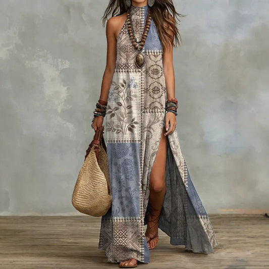 Split Sleeveless Multicolored Printed Maxi Dress 