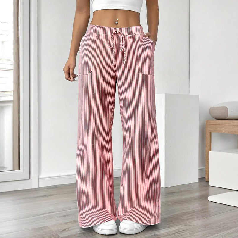 Women's Striped Print Straight Wide Leg Pants Drawstring Waist Slant Pockets Pants Casual Long Pants CJ US