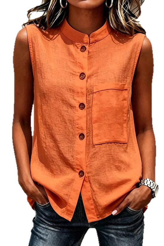 Fashionable Casual Solid-color Top With Buttoned Pockets 