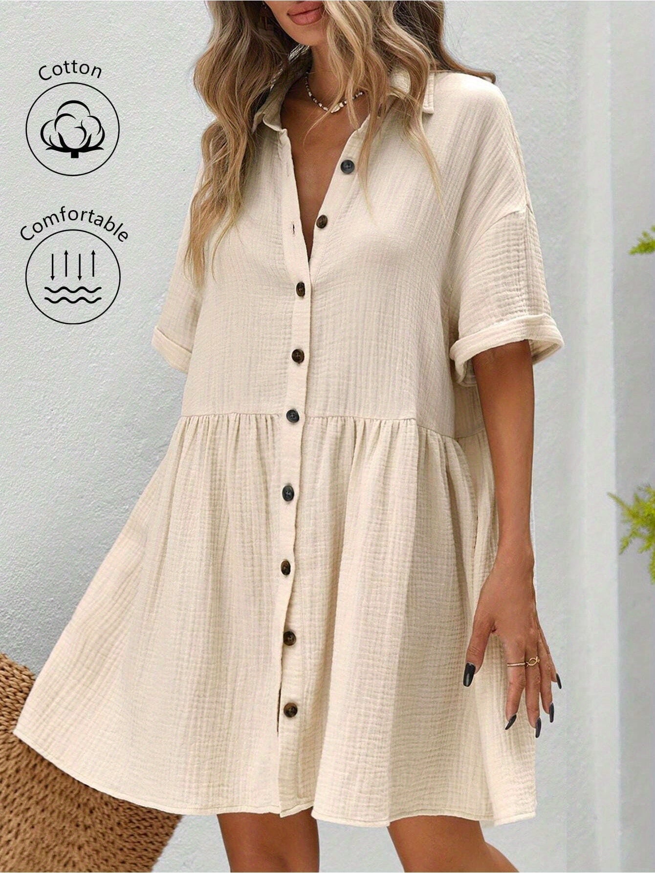 Women's Holiday Loose Solid Color Casual Summer Shirt Dress With Ruffles CJ US