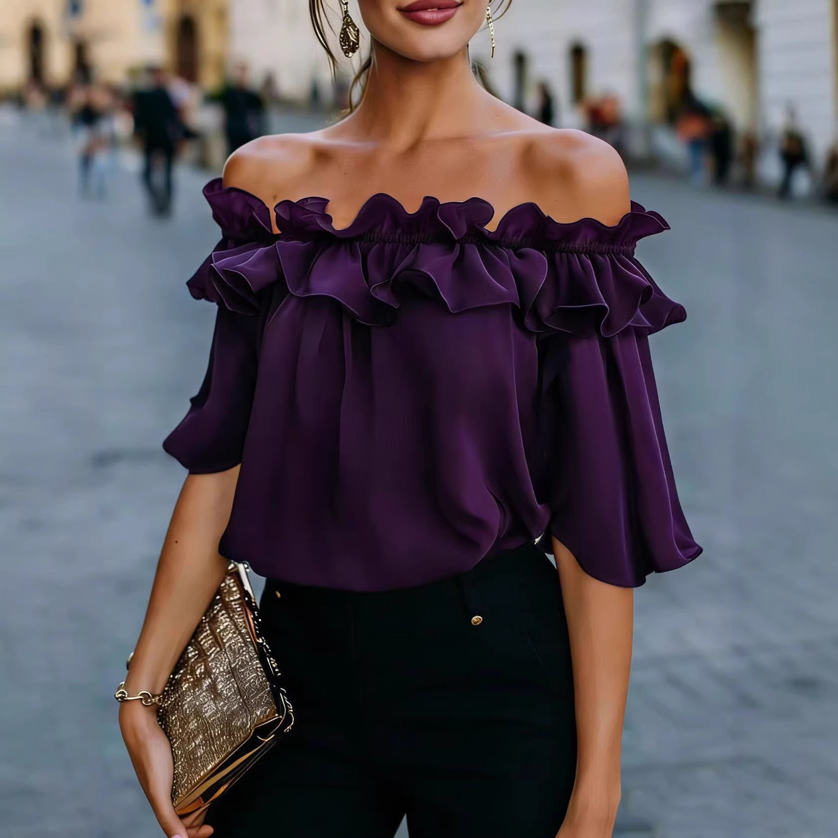 Solid-color Sexy Loose Off-shoulder Shirt 