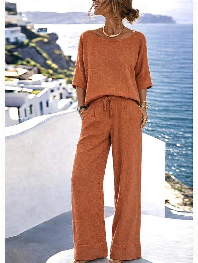 Cotton-Linen Minimalist Elegant Resort Short-Sleeve Pants Set 