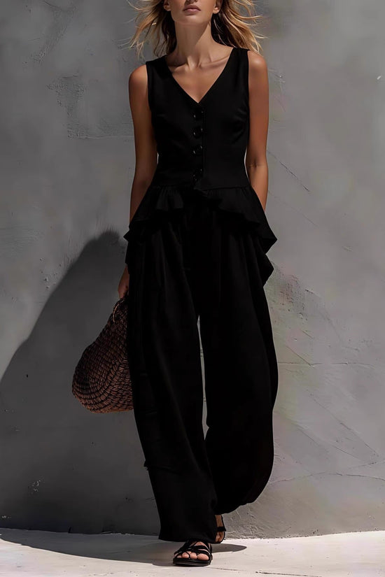 Sleeveless V-neck Ruffled Tank Top Draping Wide-leg Pants Two-piece Set 
