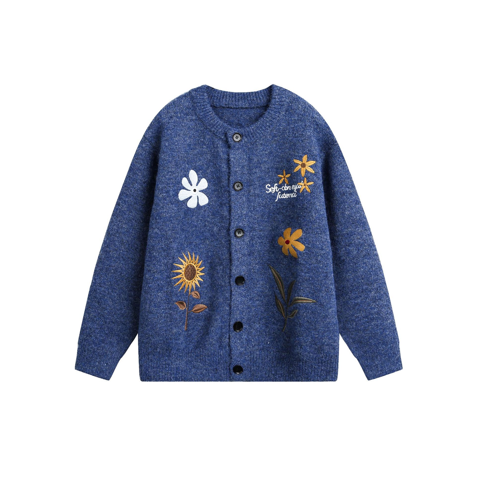 Retro Preppy Style Floral Embroidery Cardigan Sweater 