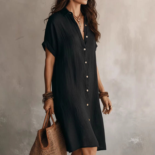 Women's Short-sleeve Buttoned Midi Shirt Dress 