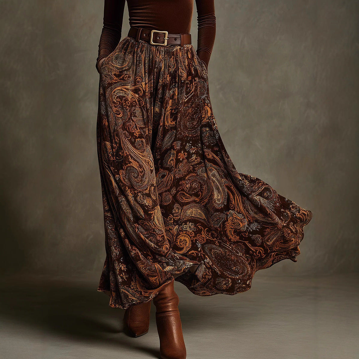 Slim fit printed long skirt set with belt 