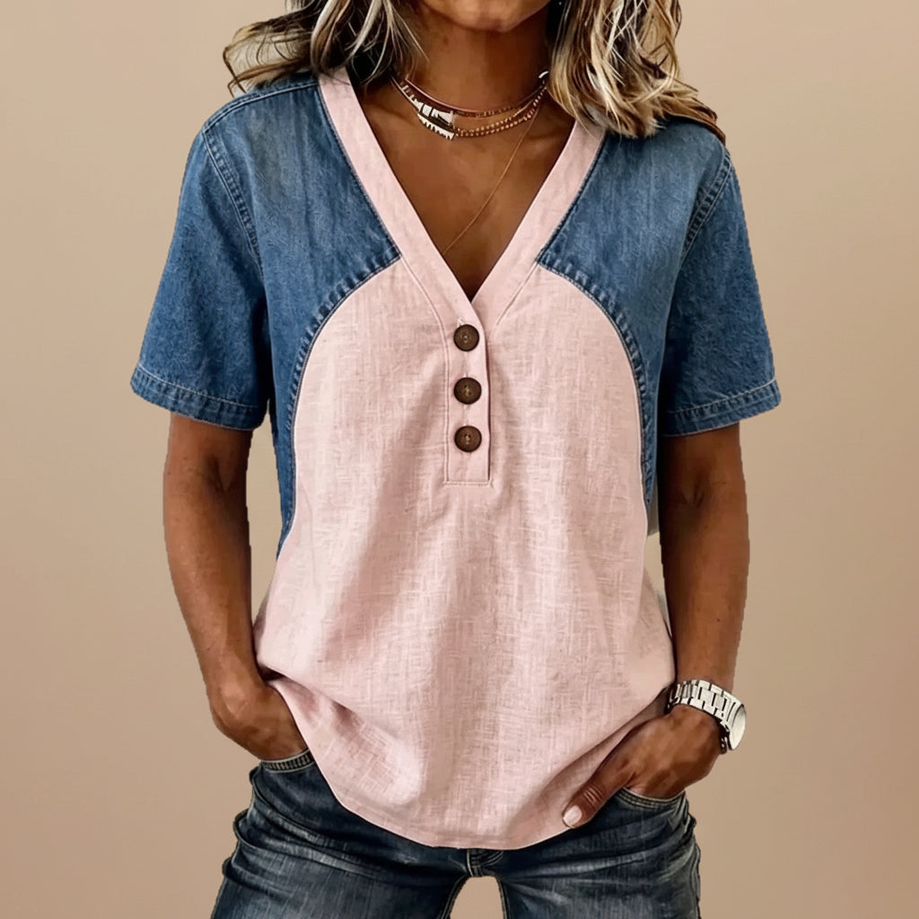 Fashionable Trendy Womens Loose Denim Patchwork T-Shirt 