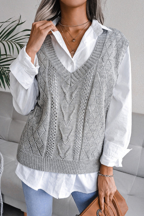 Hollowed-out Twisted V-neck Knitted Vest Sweater For Women CJ US