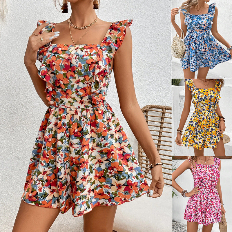 Sleeveless Square Collar Printed Elastic Waist Back Jumpsuit FitiqueFit