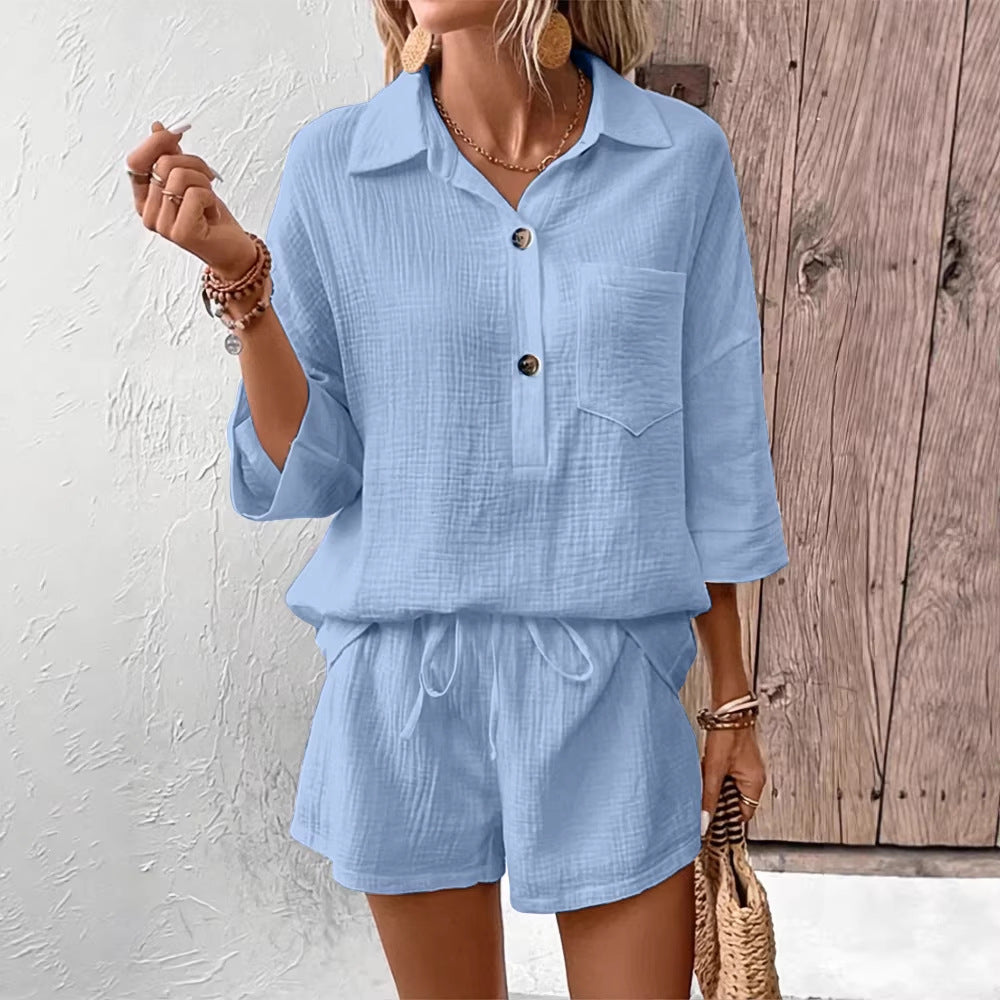 Casual Double-Panel Shirt With Lapel Collar Casual Two-Piece Set 