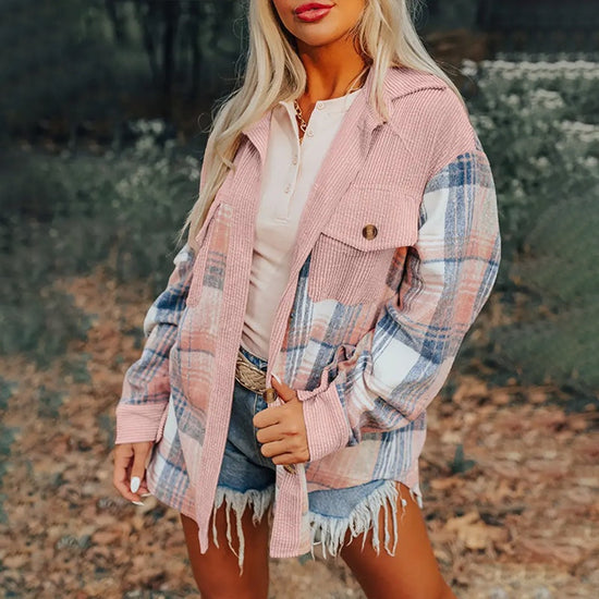 Women's Notch Lapel Check Print Long Sleeve Shirt - Button Front Pocket Detail Casual Blouse CJ US