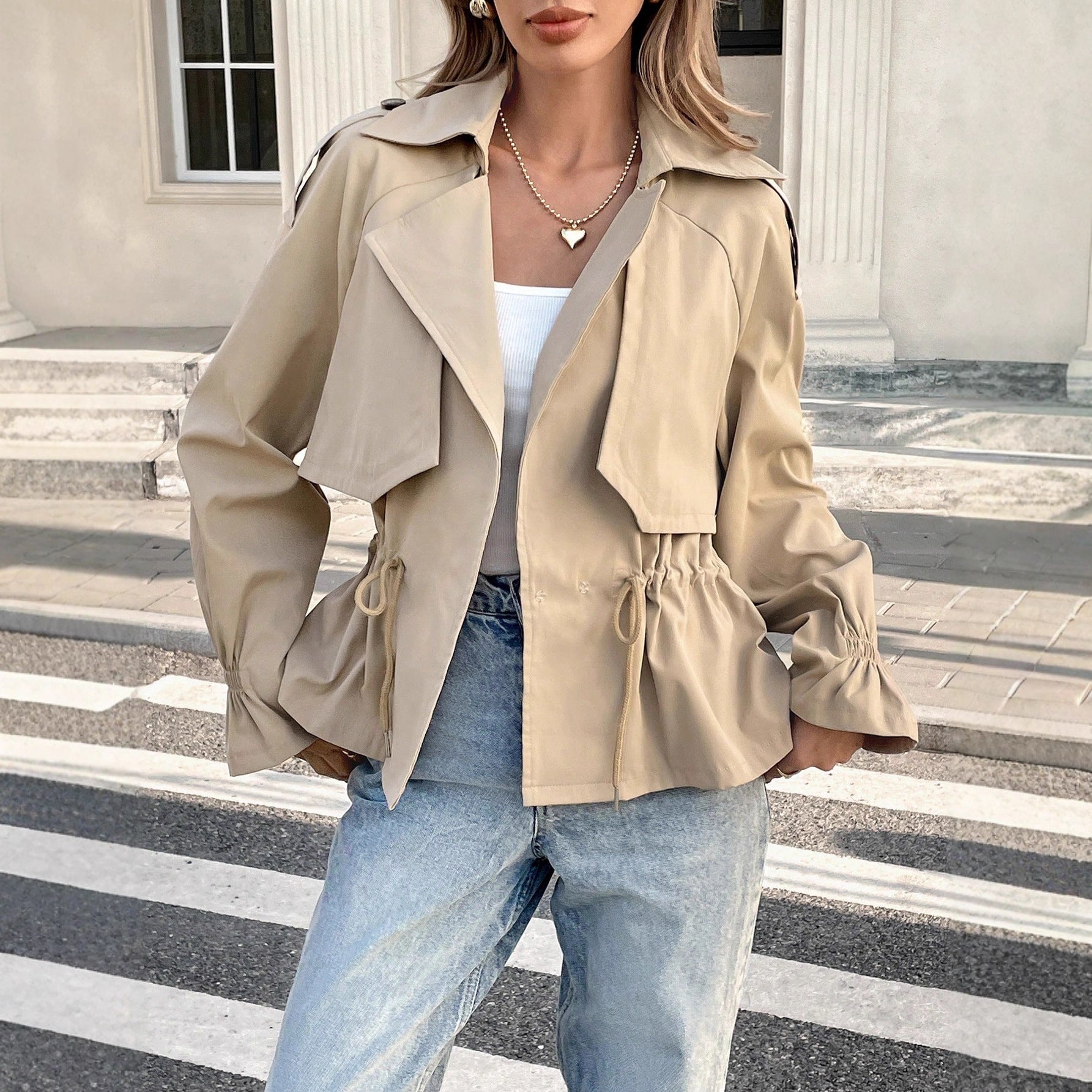 Drawstring-waist Relaxed-fit Figure-flattering Trendy Coat For Petite Frames 