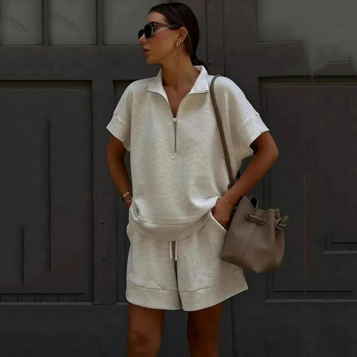 Solid-color Fashion Casual Short Two-piece Sweatshirt Set 