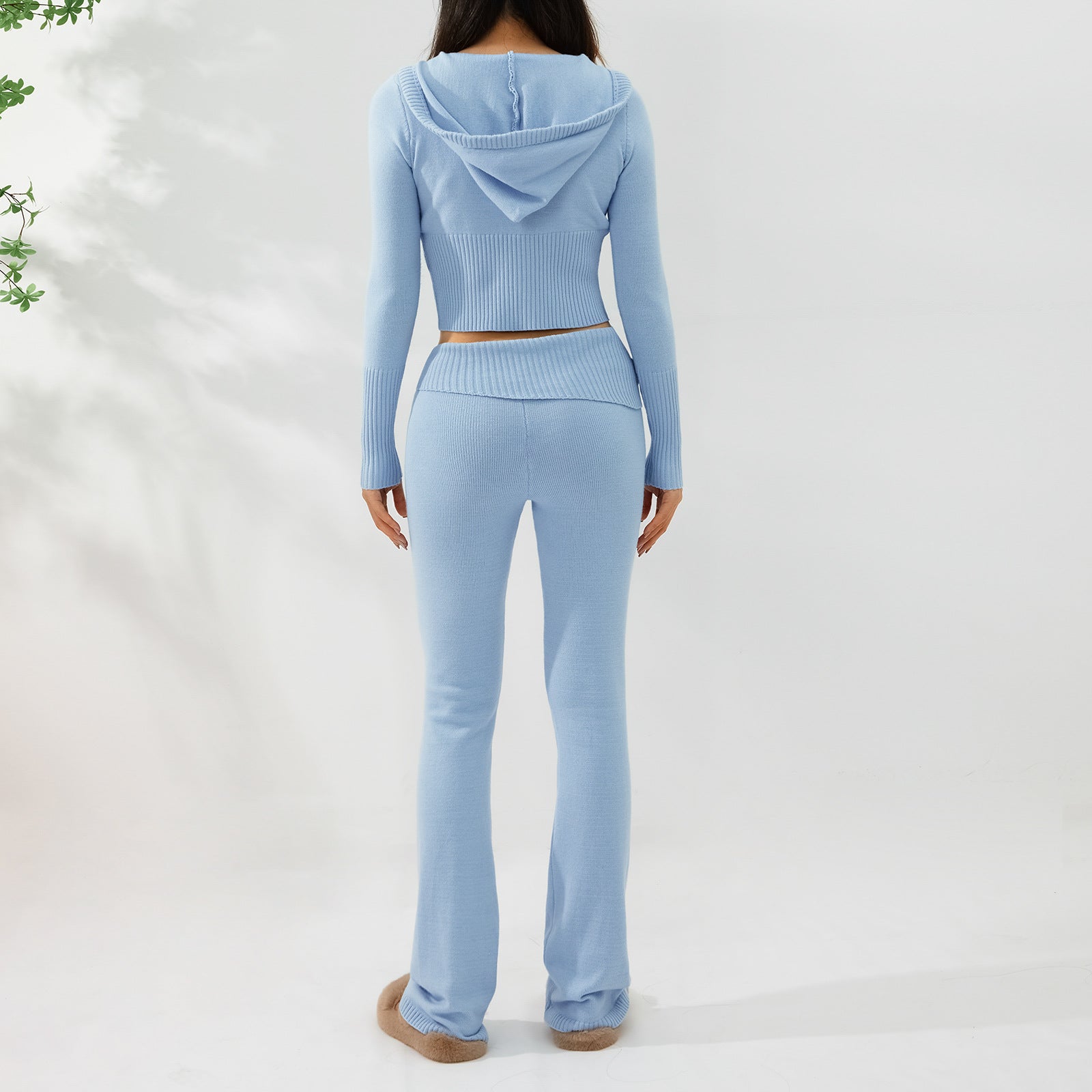 Women’s Knitted Hooded Two-Piece Set – Cardigan & High-Waisted Pants Suit - FitiqueFit