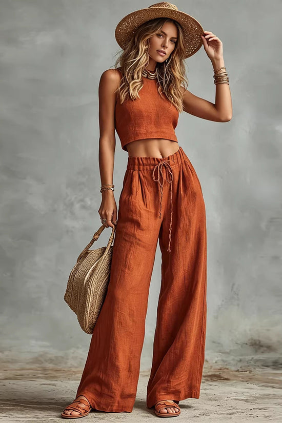 Vest Drawstring High-Waist Wide-Leg Pants Two-Piece Set 