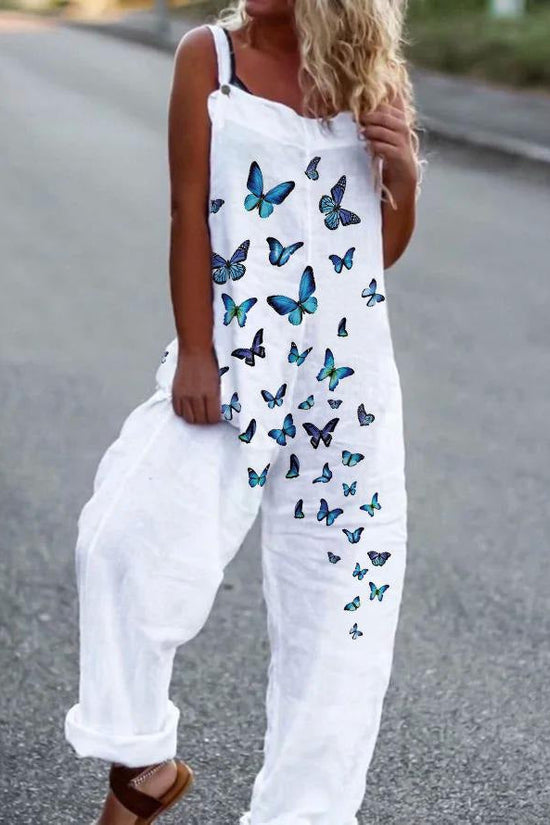 Women's Butterfly Print Overalls – Sleeveless Loose Fit Suspender Pants 