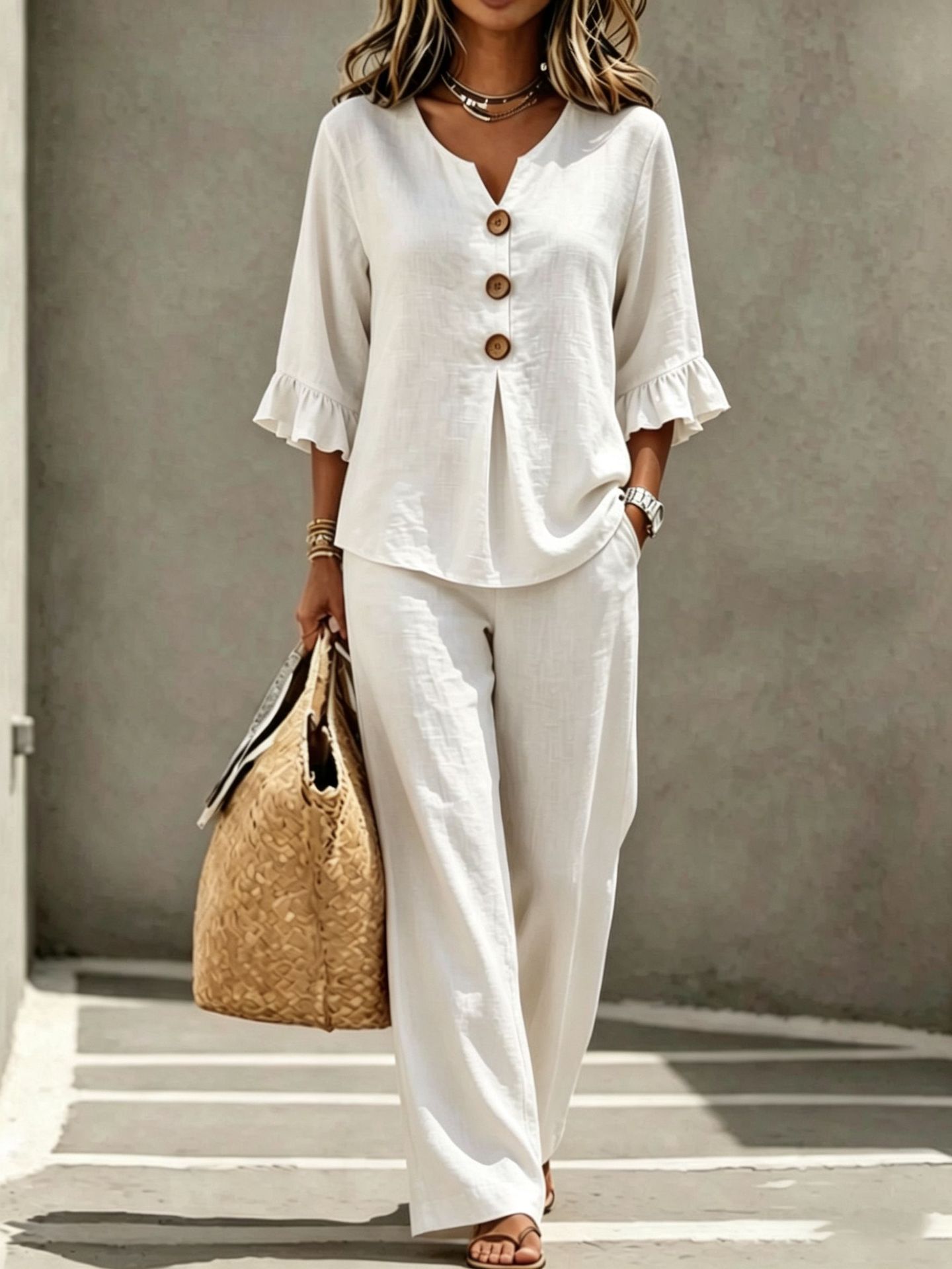 Womens V-neck Ruffle Three-Quarter Sleeve Top And Pants Two-Piece Set 