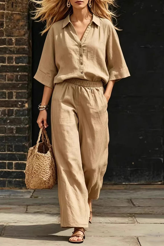 Womens Short-Sleeve Shirt And Loose Pants Two-Piece Set 