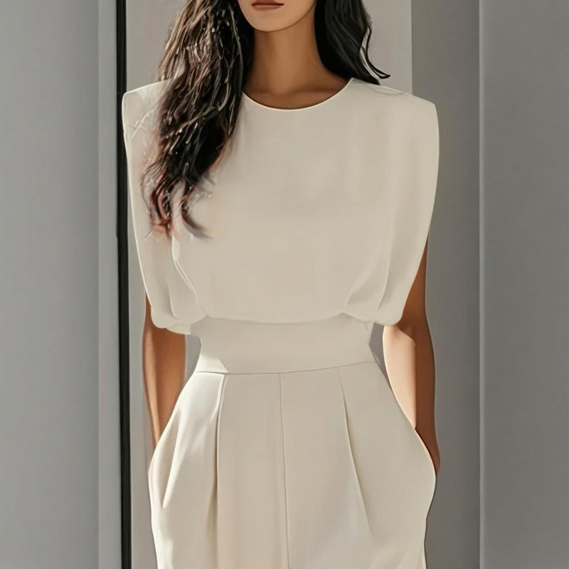 Women's Solid Color Round Neck Short Sleeve Wide-Leg Jumpsuit With Waist Design & Pockets Casual Romper For Spring&Summer CJ US