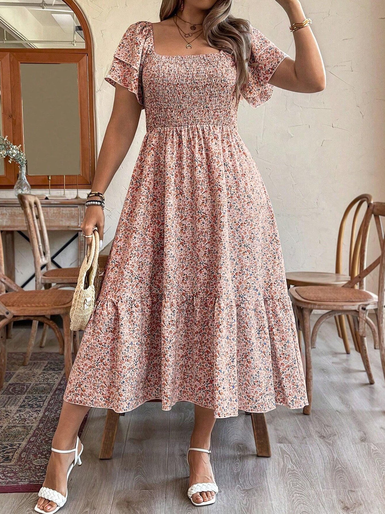Women's Plus Size Backless Midi Dress For Summer Party - Elegant Pleated Printed Dress CJ US