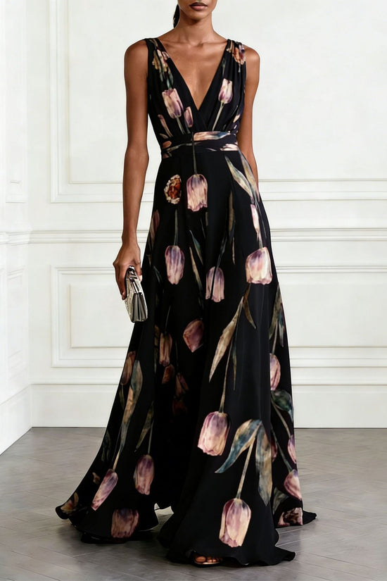 Tulip Print Evening Dress for Women Sleeveless V-Neck Long Dress 