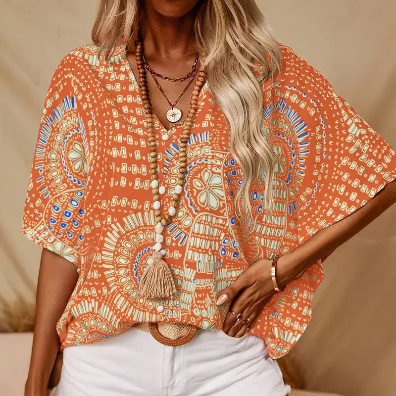 Women's V-Neck Mandala Print Blouse Short Batwing Sleeve Casual Vacation Top CJ US