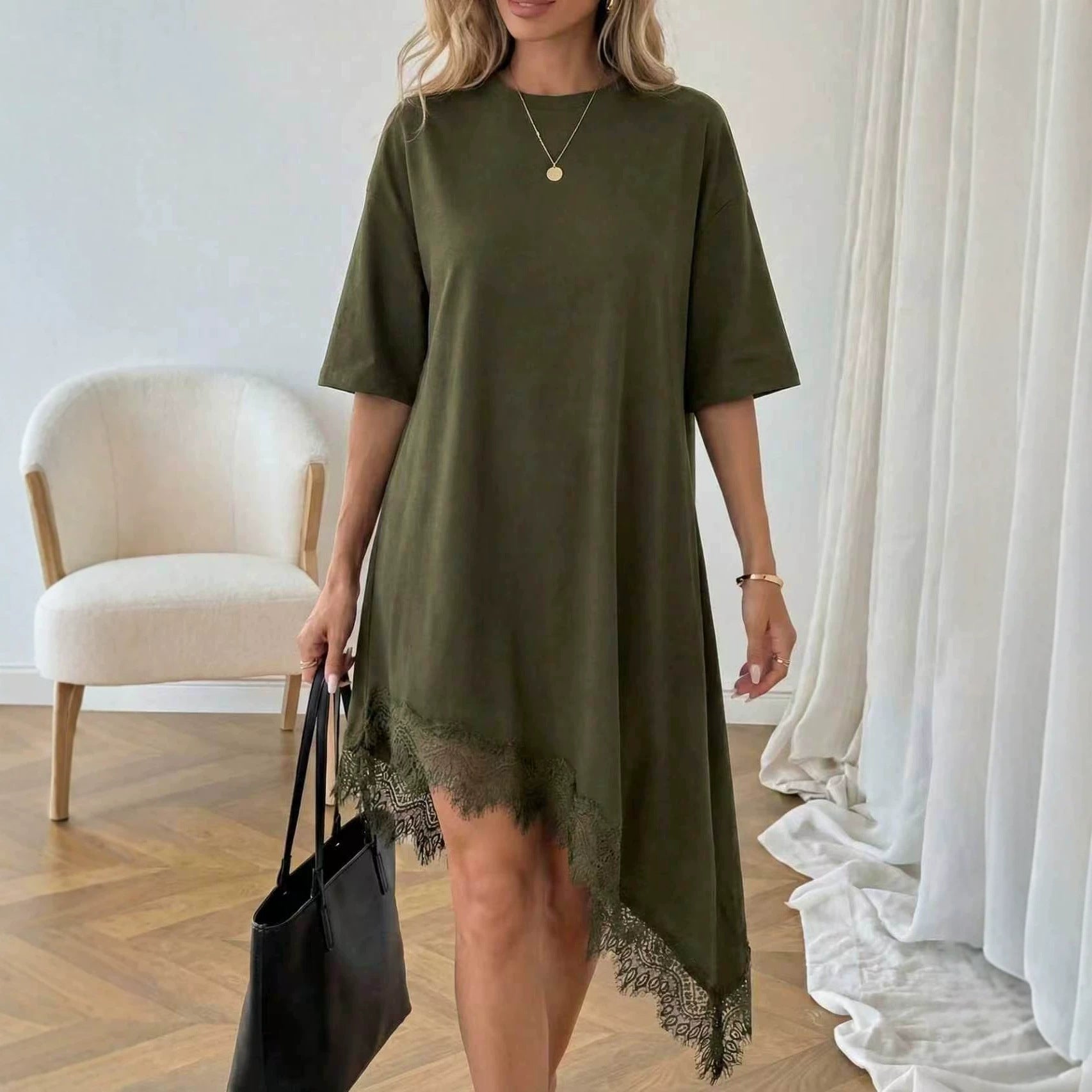 Women's Casual Solid Color Sexy Lace Trim Dress 