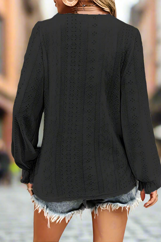 Plus Size Women's V-Neck Solid Top With Button Lantern Sleeves Hollow Out Detail Blouse For Spring&Fall CJ US
