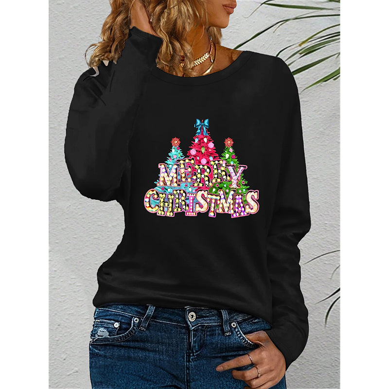 Women's Long Sleeve Merry Christmas T-Shirt, Cute Christmas Tree Graphic Tee, Funny Holiday Party Top CJ US