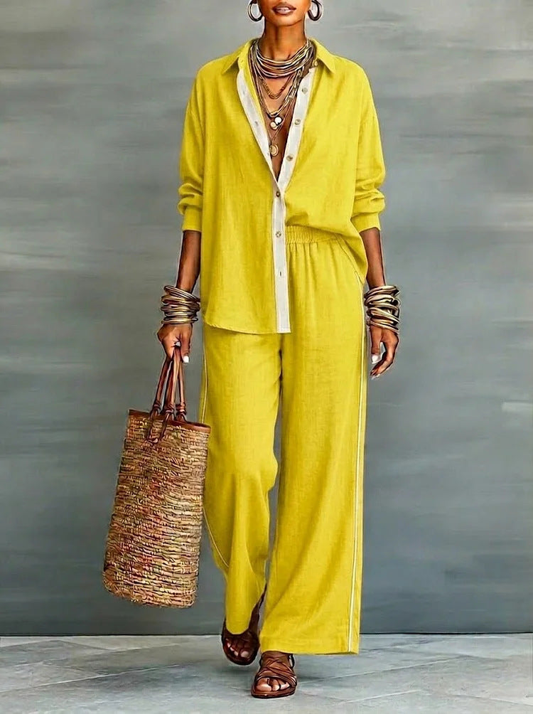Contrast-color Casual Solid-color Loose Pants Two-piece Set 