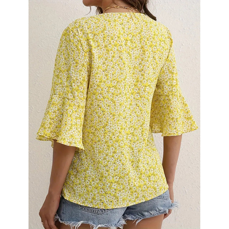 Womens Summer Floral Print Blouses V-Neck Flare Sleeve Tops Dressy Casual T-Shirts CJ US