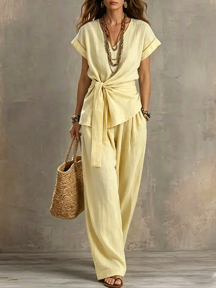 Women's V-neck Pullover Short-Sleeve Pants Set 