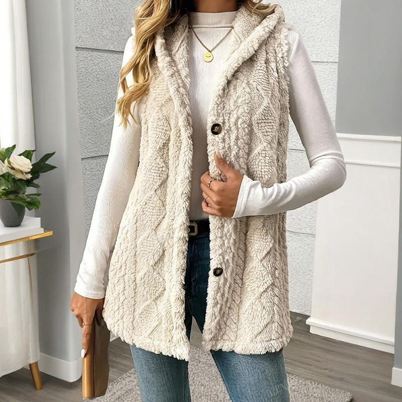 Women's Textured Sleeveless Hooded Vest, Button-Front Layering Piece For Fall & Winter Outfits CJ US