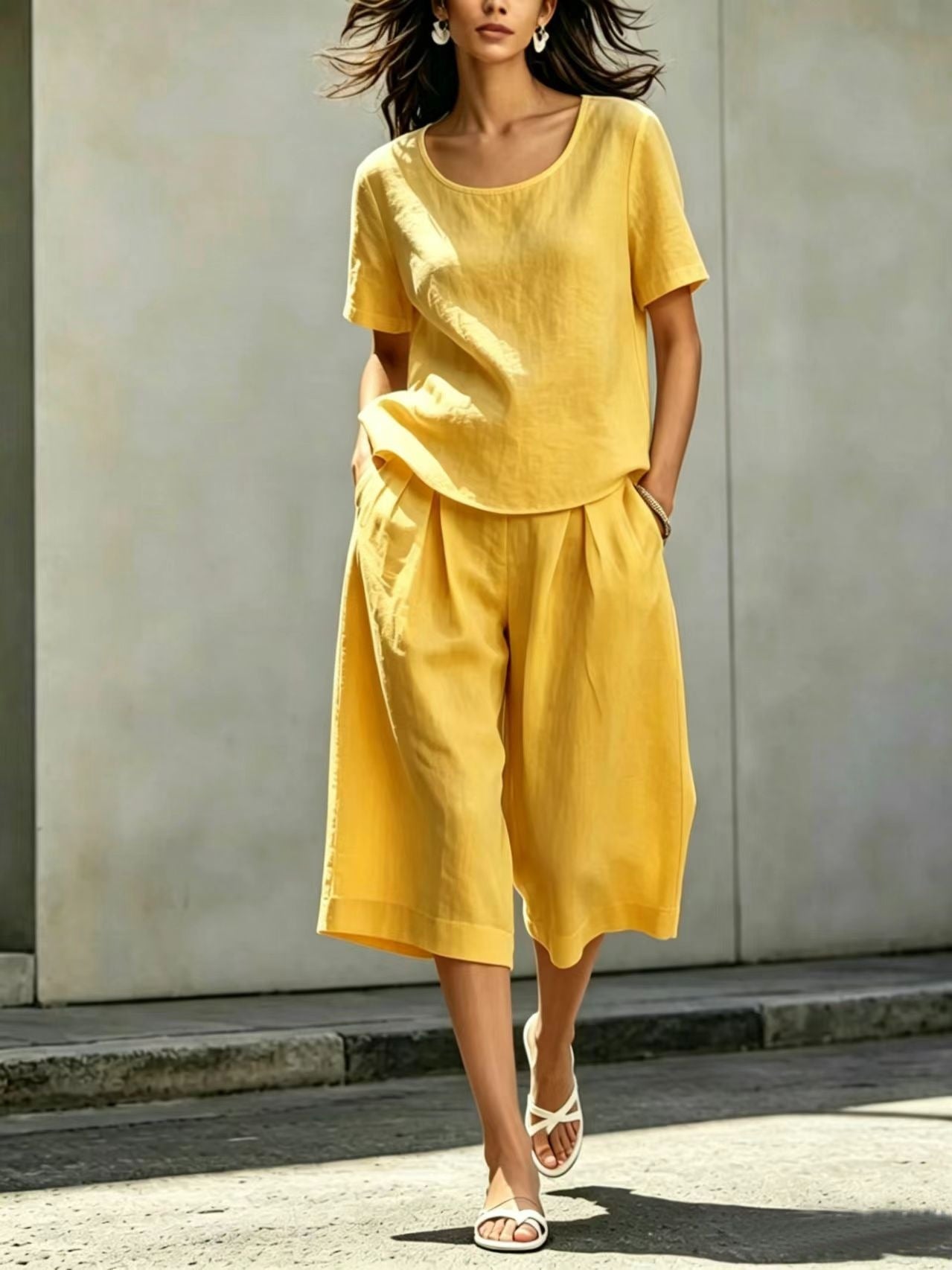 Cotton-linen Casual Loose-fitting Short-sleeve Top And Shorts Set 