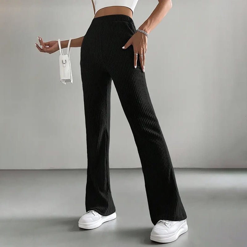 Women's Solid Color Rib-Knit Jogger Pants, Casual Stretch Pull-On Trousers For Spring And Fall 