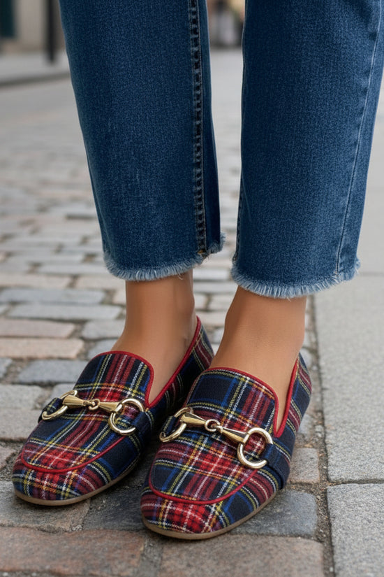 Plaid Casual Flat-Heel Plus-Size Square-Toe Womens Shoes 