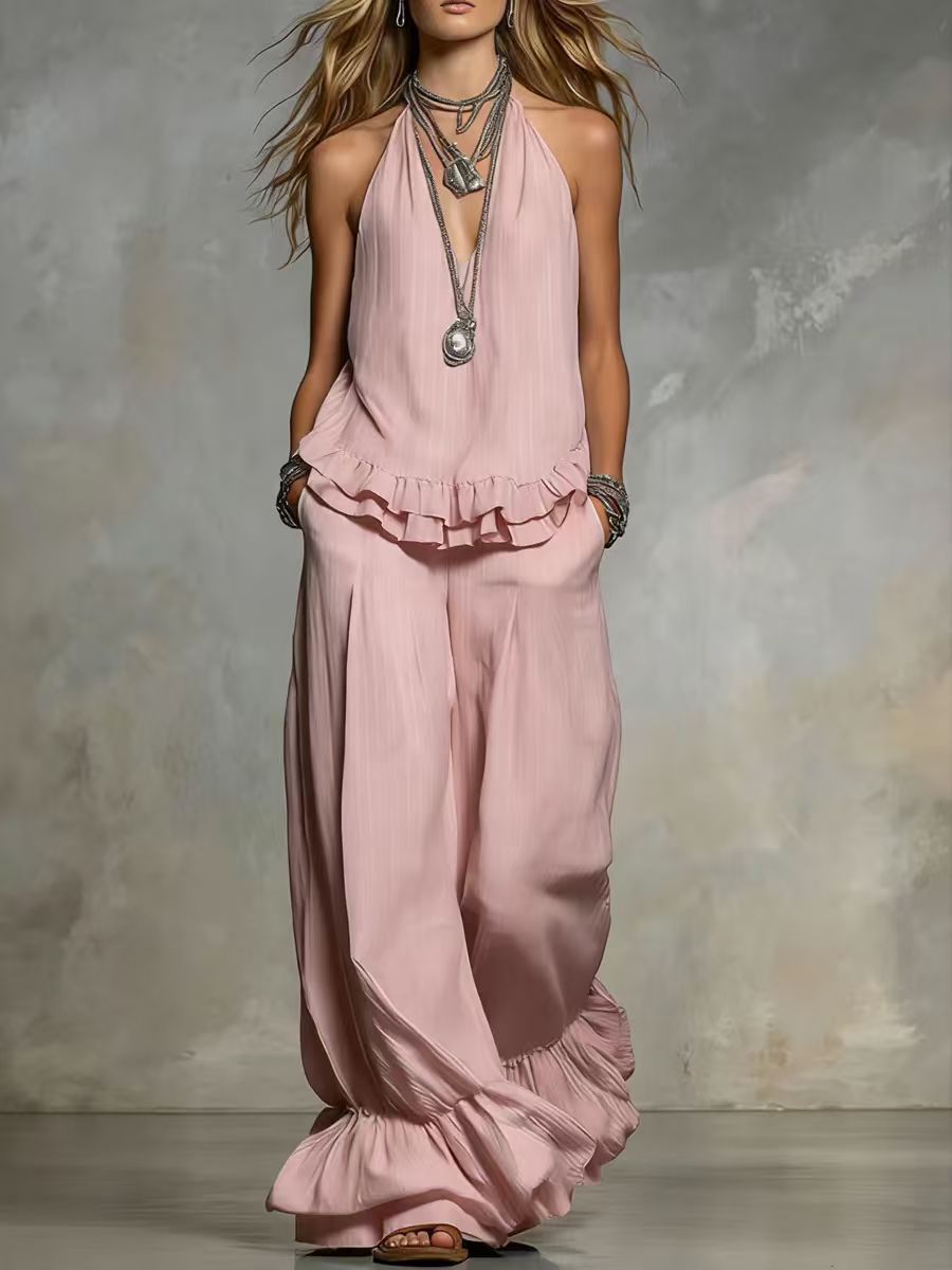 Women's Casual V-Neck Fashionable Ruffle Trim Set 