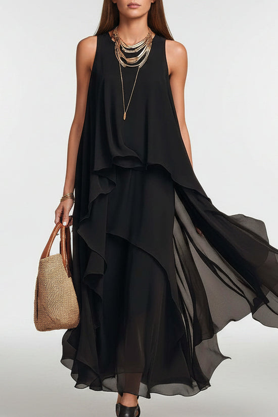 Black Sleeveless Asymmetrical Chiffon Maxi Elegant Flowing Womens Dress 