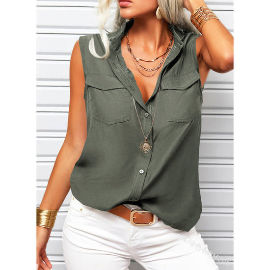 Solid-color Lapel-collar Loose-fit Sleeveless Top With Pockets 