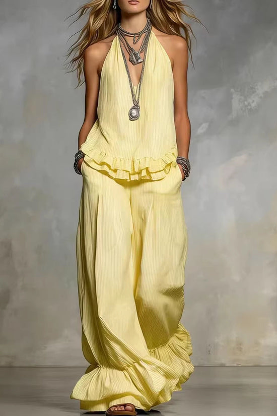 Women's Casual V-Neck Fashionable Ruffle Trim Set 