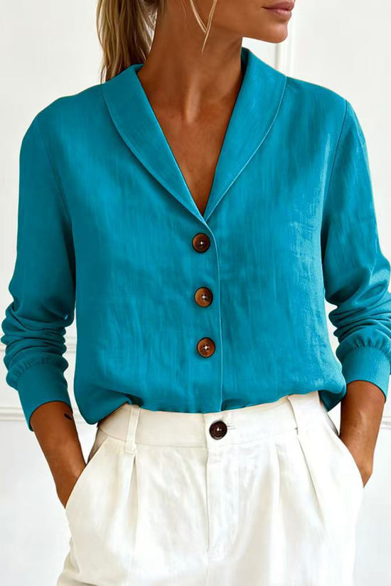 Fashionable Cotton-Linen Long-Sleeve Peter Pan Collar Button-Up Shirt 