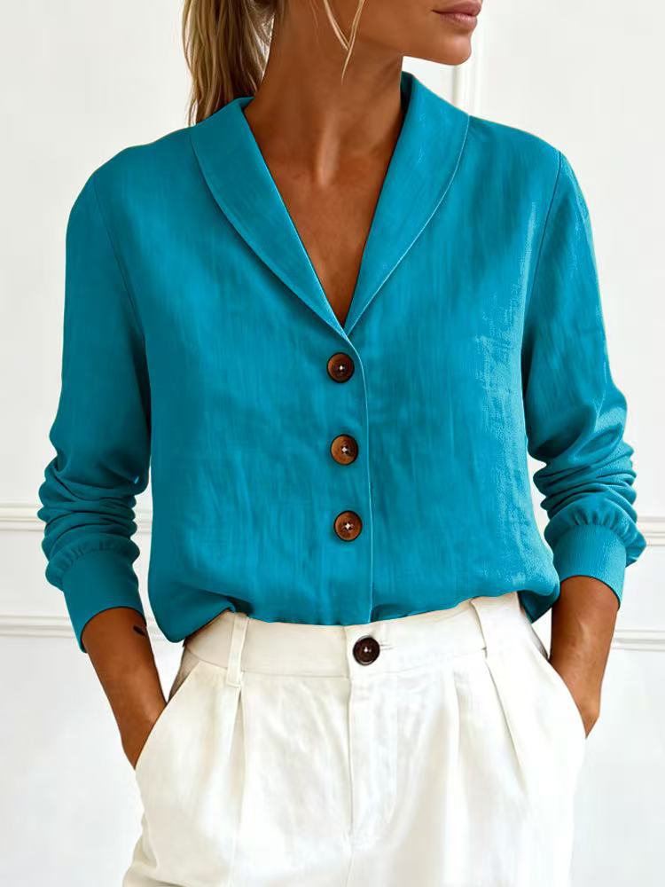 Fashionable Cotton-Linen Long-Sleeve Peter Pan Collar Button-Up Shirt 