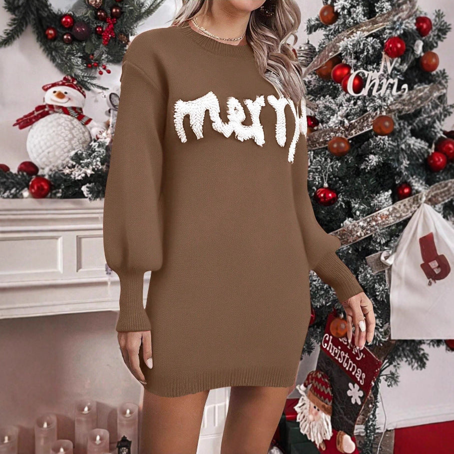Women's Knitted Round Neck Lantern Sleeve Pullover Sheath Dress CJ
